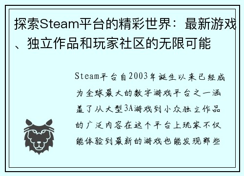探索Steam平台的精彩世界：最新游戏、独立作品和玩家社区的无限可能