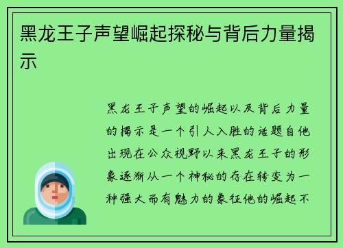 黑龙王子声望崛起探秘与背后力量揭示